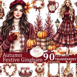May include: Digital art featuring an autumn theme with the text "Autumn Festive Gingham" and "90 Cliparts Transparent PNG." The image includes illustrations of women, pumpkins, fall foliage, and decorative elements.