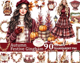 May include: Digital art featuring an autumn theme with the text "Autumn Festive Gingham" and "90 Cliparts Transparent PNG." The image includes illustrations of women, pumpkins, fall foliage, and decorative elements.