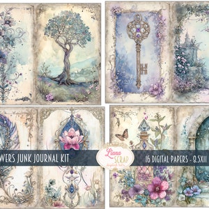 May include: A digital paper pack with 16 papers featuring a whimsical fairy tale theme. The papers include images of flowers, keys, a castle, a tree, a bottle, a butterfly, and a door. The papers are 8.5 x 11 inches.