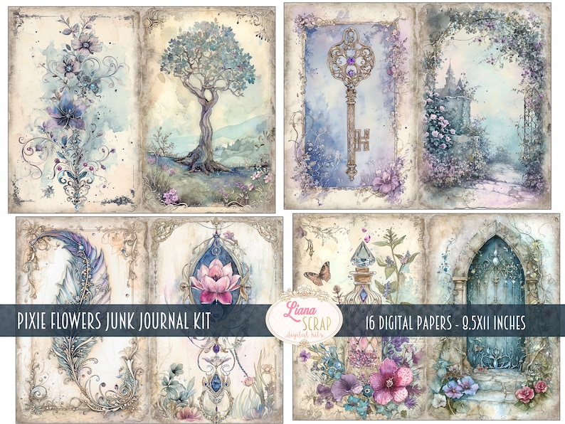 May include: A digital paper pack with 16 papers featuring a whimsical fairy tale theme. The papers include images of flowers, keys, a castle, a tree, a bottle, a butterfly, and a door. The papers are 8.5 x 11 inches.