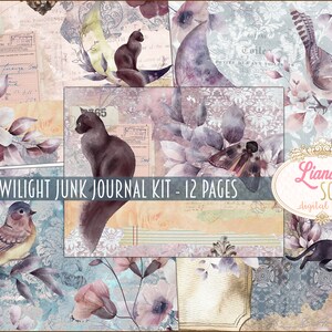 May include: A collage of digital art pages with a twilight theme. The design features watercolor illustrations of cats, birds, flowers, and a moth, with a color palette of purples, blues, and creams. Text includes "Twilight Junk Journal Kit - 12 Pages".