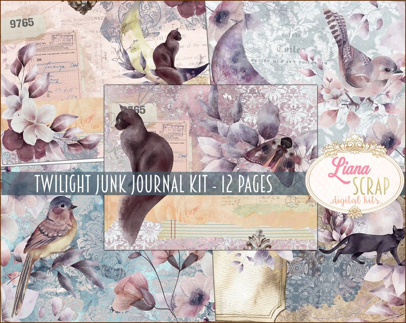 May include: A collage of digital art pages with a twilight theme. The design features watercolor illustrations of cats, birds, flowers, and a moth, with a color palette of purples, blues, and creams. Text includes "Twilight Junk Journal Kit - 12 Pages".