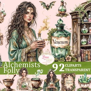 Könnte beinhalten: Aquarellillustrationen von Alchemisten, Tränken und verwandten Gegenständen. Das Bild zeigt eine Frau, die eine Flasche mit einem Trank hält, eine große grüne Flasche mit der Aufschrift "Venenum" und ein Holzregal mit verschiedenen Flaschen.
