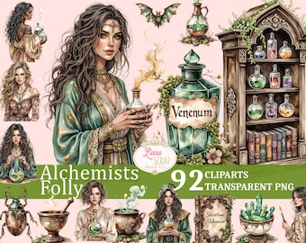 Witchy Alchemist Clipart Set – Mystical PNG Illustrations (92 Images)