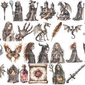 Grey Dragon Witch 72 Digital Clipart Set - PNG, Witchy Art, Dragons, Fantasy Graphics image 3