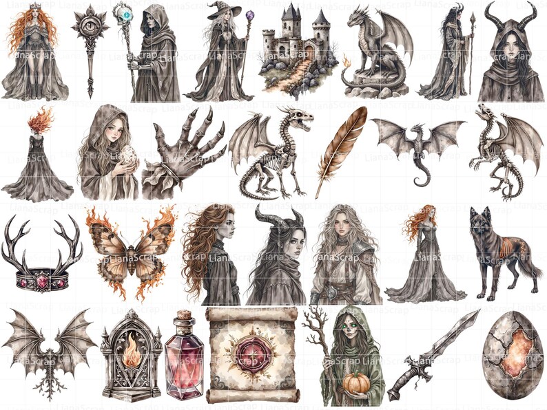 Grey Dragon Witch 72 Digital Clipart Set - PNG, Witchy Art, Dragons, Fantasy Graphics image 3