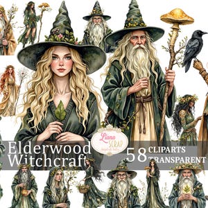 Elderwood Witchcraft 58 Clipart Set - art numérique sorcière, graphiques PNG mystiques, personnages fantastiques, fond Transparent, agenda
