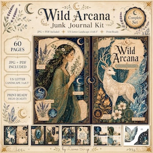 May include: Wild Arcana junk journal kit featuring 60 pages in US letter landscape 11x8.5 inches format. The design includes a woman with long hair, a white deer, moons, and botanical elements in blue and gold tones with text labels.