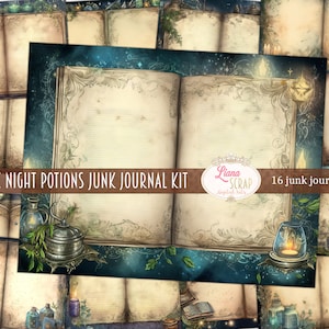 Papel digital de pociones nocturnas básicas para diarios basura, kit digital de papel antiguo imprimible, papel de diario basura de pociones de bruja