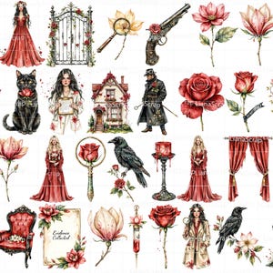 Puede incluir: Una colecci&oacute;n de ilustraciones en acuarela con temas g&oacute;ticos y rom&aacute;nticos. Las im&aacute;genes incluyen una mujer con un vestido rojo, un gato negro, una casa, un cuervo, rosas, una lupa, una pistola y una puerta.