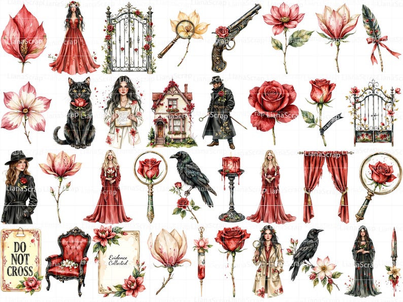 Puede incluir: Una colecci&oacute;n de ilustraciones en acuarela con temas g&oacute;ticos y rom&aacute;nticos. Las im&aacute;genes incluyen una mujer con un vestido rojo, un gato negro, una casa, un cuervo, rosas, una lupa, una pistola y una puerta.