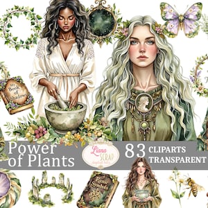 Ensemble de 83 cliparts numériques Power of Plants PNG transparents Art floral de sorcière pour la conception, autocollants pour agenda, nature, jardin de fées