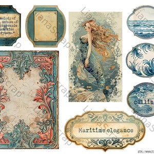 May include: A collection of vintage-style digital art elements featuring a mermaid, ocean waves, and decorative frames. The color palette includes blues, greens, and beige, with text elements such as "Ocean Calling" and "Maritime elegance".