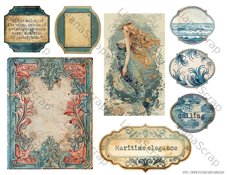 May include: A collection of vintage-style digital art elements featuring a mermaid, ocean waves, and decorative frames. The color palette includes blues, greens, and beige, with text elements such as "Ocean Calling" and "Maritime elegance".