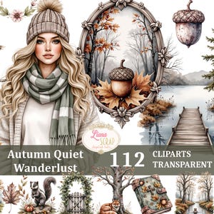 Puede incluir: Conjunto de arte digital en acuarela con temática otoñal. Incluye una mujer con sombrero y bufanda, follaje de otoño, bellotas, una escena de lago con un muelle de madera y otros elementos de temporada. El texto dice "Autumn Quiet Wanderlust" y "112 Cliparts Transparent PNG."