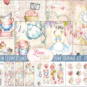 Alice in Flowerland Junk Journal Digital Kit Printable, Alice in Wonderland Collage Sheets, Digital Junk Journal, Junk Journal Paper