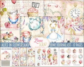 Könnte beinhalten: Ein digitales Scrapbooking-Kit mit 17 Seiten mit Illustrationen zum Thema Alice im Wunderland. Das Kit enthält Bilder von Alice, einer Teekanne, Cupcakes, einer Taschenuhr und Spielkarten. Der Text "Alice in Flowerland" und "Junk Journal Kit - 17 Pages" ist im Bild enthalten.