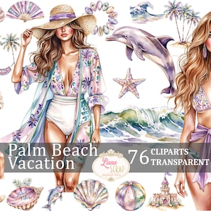 Palm Beach Vacation 76 Images Clipart aquarelle - Tropical Beach PNG pour planificateur numérique autocollants, dessins d'été, scrapbooking