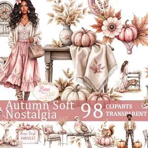 Op de afbeelding: Digitale aquarelkunst met een vrouw in een roze jurk, pompoenen, herfstbladeren en decoratieve elementen. De tekst luidt "Autumn Soft Nostalgia" en "98 Cliparts Transparent PNG". Het kleurenpalet omvat roze, beige en bruin.