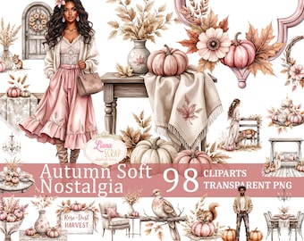 May include: Watercolor digital art featuring a woman in a pink dress, pumpkins, fall foliage, and decorative elements. The text reads "Autumn Soft Nostalgia" and "98 Cliparts Transparent PNG". The color palette includes pink, beige, and brown tones.