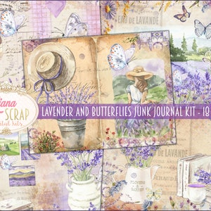 Kit digital de diario basura de lavanda y mariposas imprimible, hojas de collage digital de lavanda, papel de diario basura de lavanda