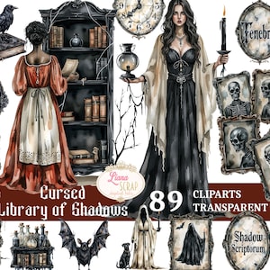 May include: A digital art collection featuring gothic and fantasy elements. Includes illustrations of a woman in a black dress, a raven, a bookshelf, framed portraits of skulls, and the text "Cursed Library of Shadows".