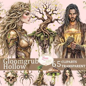 Ensemble de 65 cliparts creux Gloomgrub - Art fantastique de la forêt, graphismes sorcières, PNG transparent pour agendas numériques et scrapbooking, Halloween