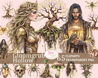 May include: Digital art featuring a fantasy theme with a woman in ornate armor and a man holding a mushroom. The image includes a variety of clip art elements, including insects, a skull, and a spider. Text reads "Gloomgrub Hollow" and "65 Cliparts Transparent PNG."