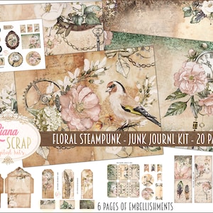 Floral Steampunk Junk Journal Digital Kit Imprimible, Flores y engranajes Hojas de Collage Digital, Vintage Steampunk Junk Journal