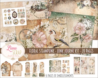 May include: A digital junk journal kit with 20 pages featuring a floral steampunk theme. The kit includes a variety of elements, such as flowers, birds, gears, and clocks, in shades of pink, green, and brown. The text "FLORAL STEAMPUNK - JUNK JOURNL KIT - 20 PAGES" is displayed at the bottom of the image.