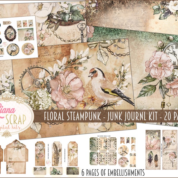 Floral Steampunk Junk Journal Digital Kit Printable, Flowers and gears Digital Collage Sheets, Vintage Steampunk Junk Journal