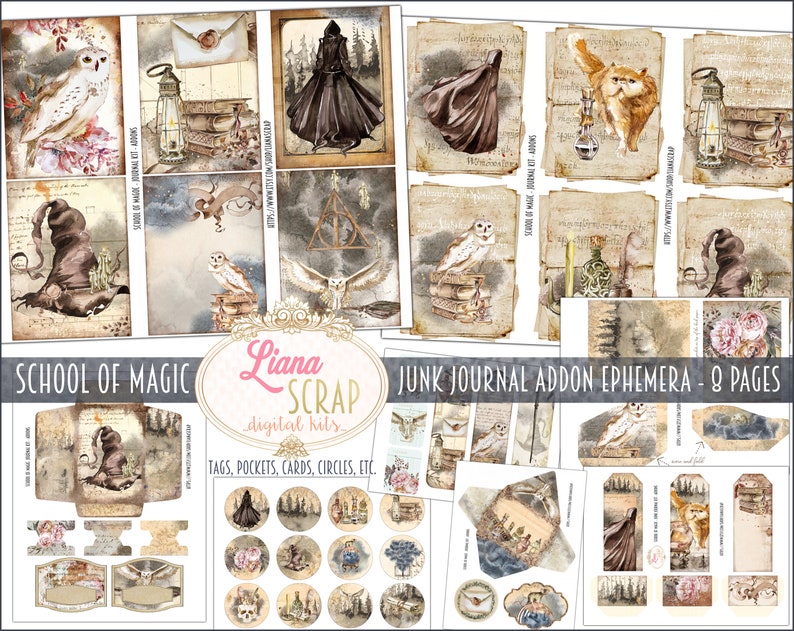 School of Magic Junk Journal Ephemera ADDON Digital Kit Printable, Wizard Digital Collage Sheets, Magic Junk Journal ADDON 