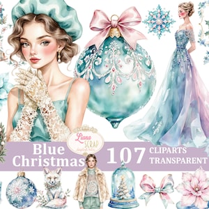 Blue Christmas 107 Watercolor Clipart Set - Digital Planner Stickers, Elegant Holiday Graphics, Transparent PNG for Design & Scrapbooking