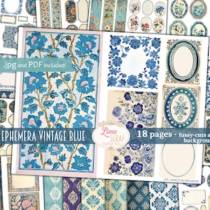 Junk Journal Ephemera, Vintage Blue Fussy Cuts Printable, Floral Digital Download, Embellishment, backgrounds and covers for Junk Journals