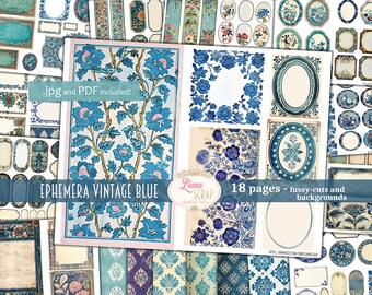 Vintage Blue Junk Journal Ephemera, kwiatowe, fantazyjne cięcia (do pobrania w wersji cyfrowej)