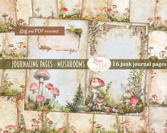 May include: 16 digital paper pages featuring watercolor illustrations of mushrooms in a forest setting. The pages are designed for junk journaling and include a variety of textures and colors.