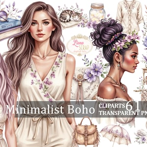 Conjunto de clipart boho minimalista - Moda boho, cores neutras, minimalismo, lavanda, veado, arte digital floral - 61 imagens