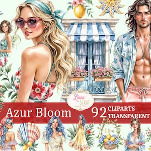 Azur Bloom 92 Imagens Clipart em Aquarela - Flores de Verão, Mulheres, Elementos de Praia, PNG Transparente para Planejador Digital, Scrapbooking, Arte