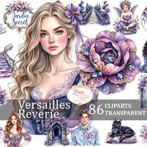 ヴェルサイユの夢想 86 点セット – 花柄 PNG、ヴィンテージステッカー、プランナー用素材、デジタルアート、プランナー用ステッカー、真夜中の花、庭