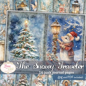 Papel de diario basura The Snowy Traveler, diario basura mágico de invierno, familia de ratones, ambiente navideño, páginas de cuentos de hadas de invierno