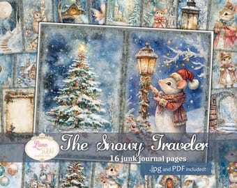 Könnte beinhalten: Eine digitale Collage aus 16 druckbaren Junk-Journal-Seiten mit einem Winterwunderland-Thema mit einem verschneiten Wald, einem Weihnachtsbaum, einer Maus und einer Straßenlaterne. Der Text "The Snowy Traveler" und "16 junk journal pages" ist im Bild enthalten.  .jpg und .pdf Dateien sind enthalten.