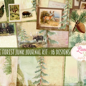 Kit digitale In the Forest Junk Journal - 16 fogli di collage stampabili, carta Junk Journal