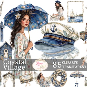 Set di 85 clipart di Coastal Village, illustrazioni di spiaggia ad acquerello, PNG trasparenti, carta digitale, grafica di mare, adesivi per pianificatori costieri