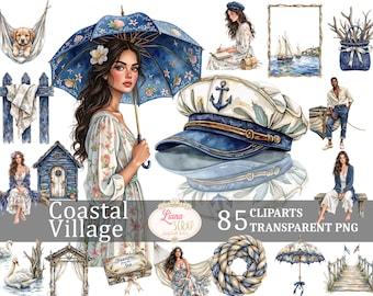 Conjunto de imagens em aquarela de vila costeira, ilustrações de praia (PNG)