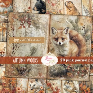Kit de diário digital Autumn Woods, colagem de outono para impressão, animais da floresta no outono, papel da floresta