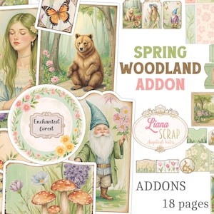 Kit aggiuntivo Spring Woodland Junk Journal - 18 pagine download digitale, materiale effimero sugli animali della foresta, tasche, etichette, buste, etichette e fussycuts