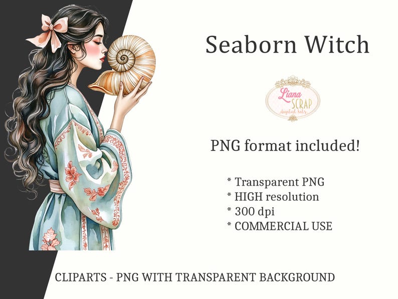 Watercolor Seaborn Witch Clipart Set – Witchcore PNG Graphics (89 Images) image 5