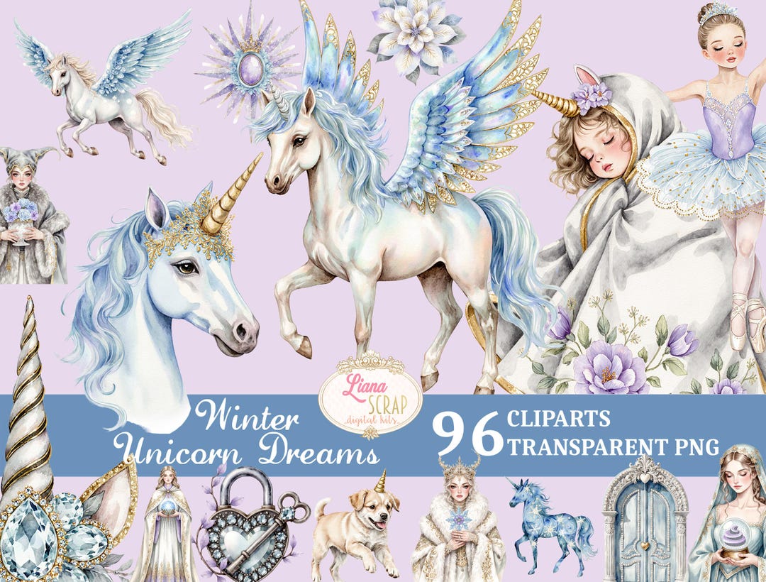 Winter Unicorn Dreams 96 Clipart Set - Watercolor Unicorns, Fairies ...