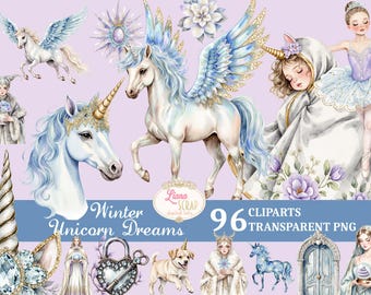 May include: Watercolor clipart set featuring unicorns, a ballerina, and other winter-themed illustrations. The image includes the text "Winter Unicorn Dreams" and "96 Cliparts Transparent PNG". The color palette includes shades of blue, white, and gold.
