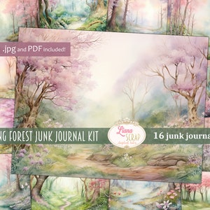 Sfondo del diario della spazzatura digitale della foresta primaverile, Collage della foresta delle fate stampabile, diario della spazzatura digitale, carta del diario della natura, sfondo della foresta